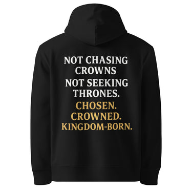 Black Royalty Christian hoodie – white/gold Kingdom word stack on the back